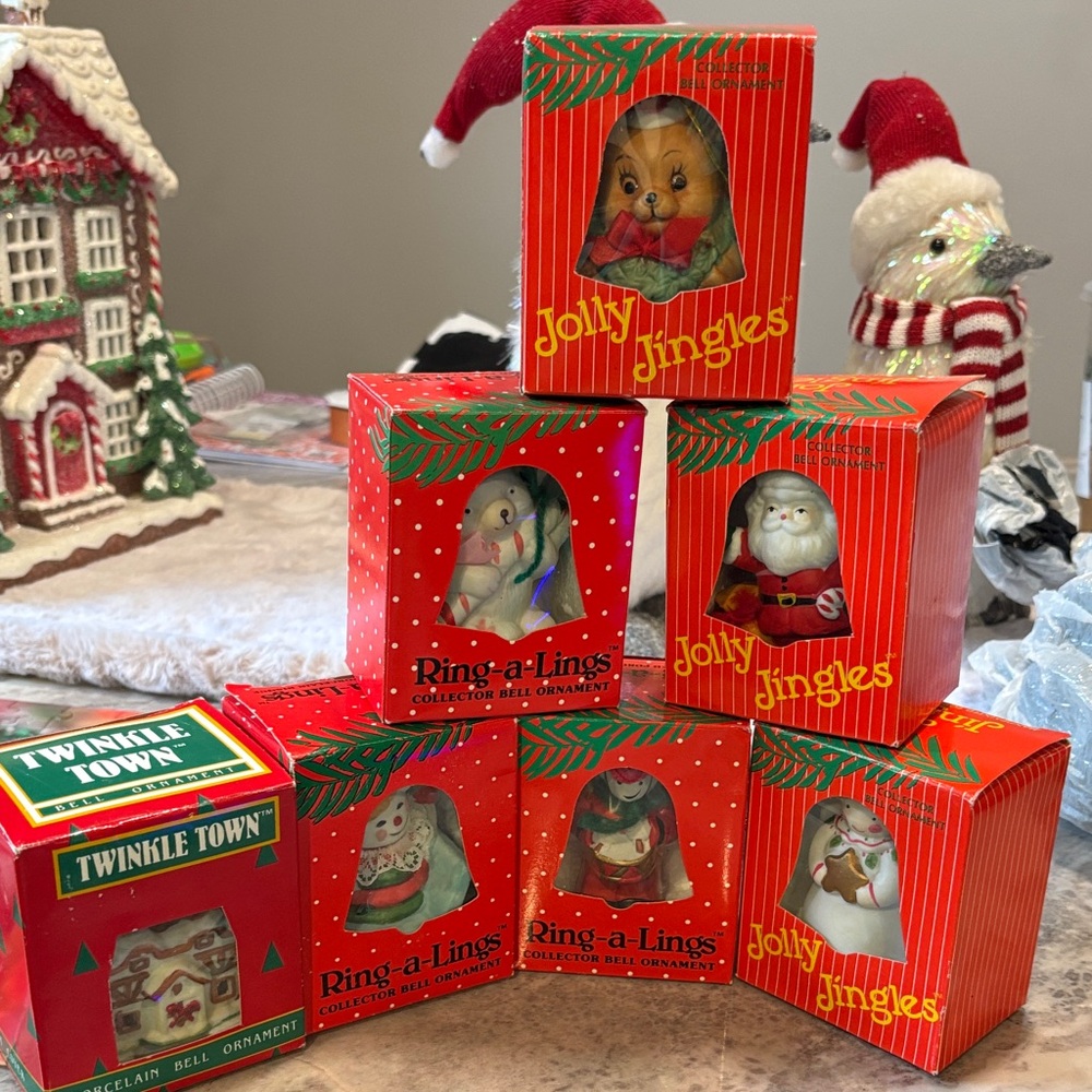 Vintage 80’s hand painted gift present porcelin Festive Christmas Ornament Set